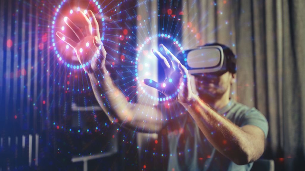 Man browsing a virtual world in virtual reality glasses